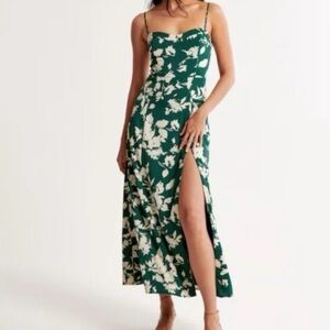 Abercrombie & Fitch Camille Satin High Slit Maxi Dress Green Floral - Large